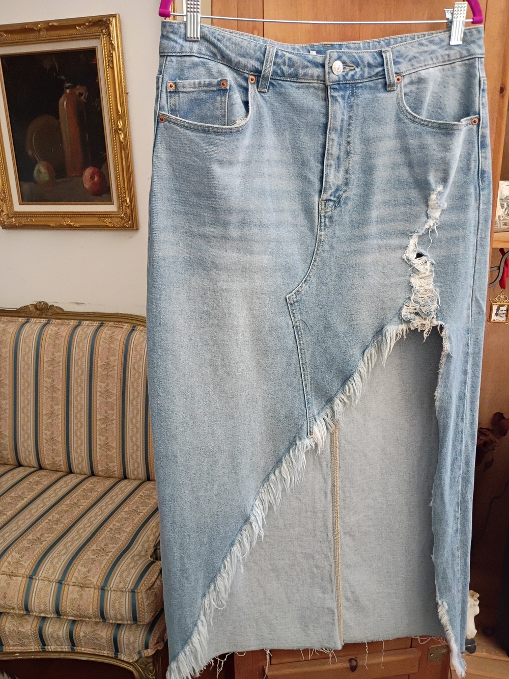 Washed Maxi Light Blue Distressed Denim Skirt w High Slit